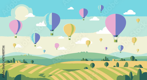 A vibrant vector illustration of colorful hot air balloons floating over a scenic landscape of rolling green hills and fields under a sunny sky.