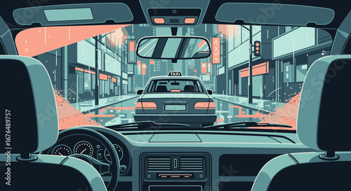 View from the driver's seat of a car following a taxi on a wet city street, depicted in a modern illustrative style.