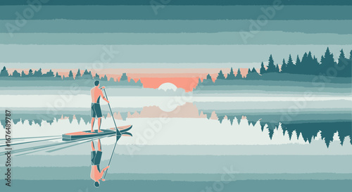 A man on a stand-up paddleboard glides across a calm, misty lake at sunrise, with a forest silhouette reflected in the water.