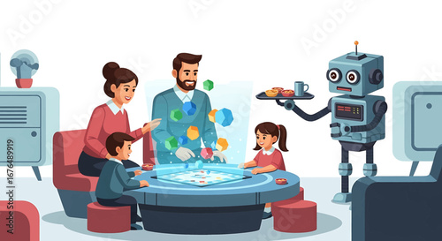 Family playing with holographic display assisted by robot in living room futuristic technology concept