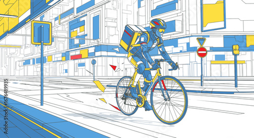 Illustration of a bike courier in a blue and yellow futuristic urban landscape.