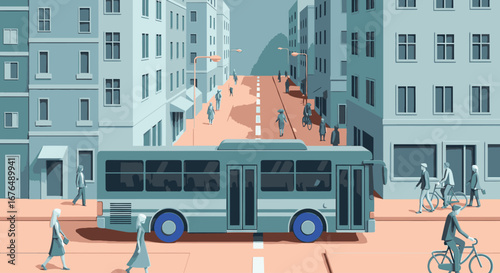 An illustration of a city bus on a street surrounded by tall buildings, with pedestrians walking and a cyclist riding by.