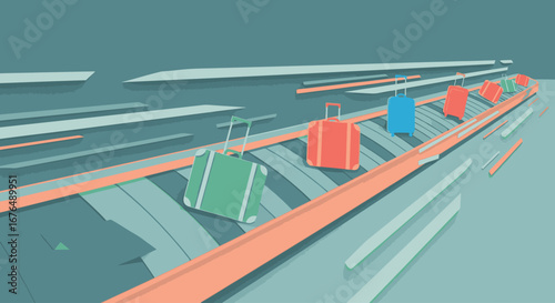 Stylized illustration of colorful suitcases moving along an airport baggage claim conveyor belt system.