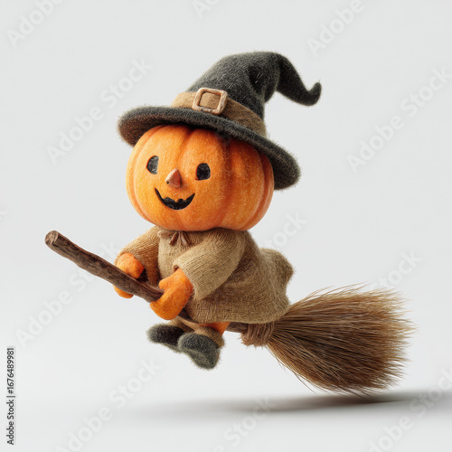 Whimsical Halloween pumpkin with witch hat and broomstick, cheerful fall decoration, festive costume for kids and families, playful seasonal craft for autumn celebration