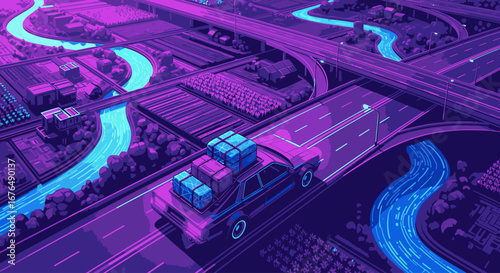 A pixel art illustration of a car with luggage driving on a futuristic purple highway overpass, with glowing blue digital rivers and fields below.
