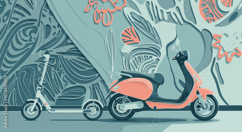 An electric scooter and a pink moped parked in front of a stylized graffiti wall, representing modern urban mobility.