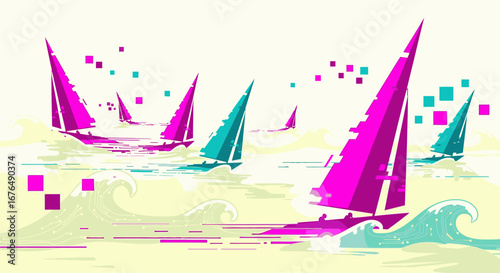 A vibrant digital illustration of magenta and teal sailboats racing on a stylized, pixelated sea.