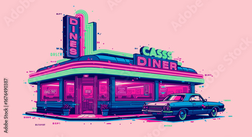 Vibrant retro illustration of a classic American roadside diner with a vintage car parked outside.