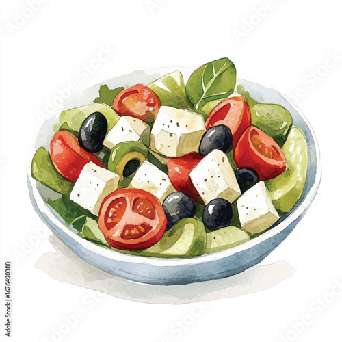 a cute Greek salad with feta cheese olives and tomato