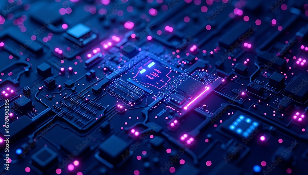 Obraz premium Illuminated Circuit Board Close-up with Pink and Blue Lights