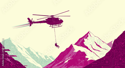 Stylized illustration of a helicopter performing a rescue operation over a rugged mountain range.
