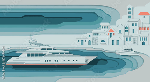 A luxury superyacht moored in a tranquil harbor next to a picturesque coastal town, depicted in a modern layered paper-cut illustration style.