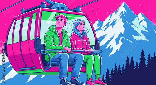 A vibrant, colorful illustration of a young couple in winter jackets riding a ski lift with a snowy mountain range in the background.