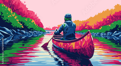 A lone person paddles a red canoe down a tranquil river, surrounded by a vibrant, colorful forest in a stylized, artistic illustration.