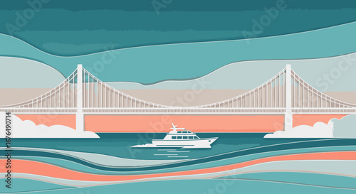 A stylized paper-cut illustration of a yacht sailing under a large suspension bridge with layered waves and sky.