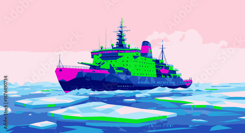A vibrant, stylized illustration of a powerful icebreaker ship navigating through a frozen arctic sea with a dramatic color palette.