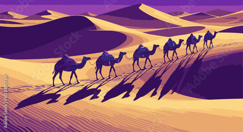 A caravan of camels treks across vast desert sand dunes under a purple twilight sky in an artistic illustration.