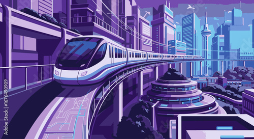 A futuristic high-speed train travels on an elevated track through a modern city with purple-hued skyscrapers.
