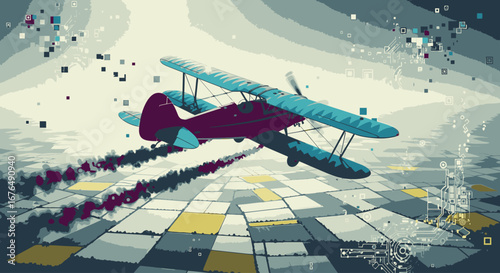 A stylized digital illustration of a vintage biplane flying low over patchwork fields, leaving a trail of dark, pixelated smoke.