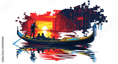 A romantic gondola ride through a Venetian canal at sunset, depicted in a vibrant, pixelated art style.