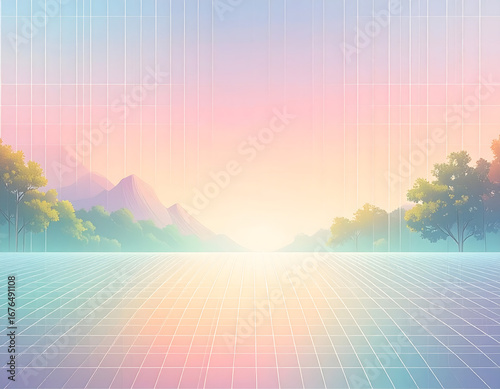 Synthwave landscape: pastel sunrise over gridded plain, mountains and trees.