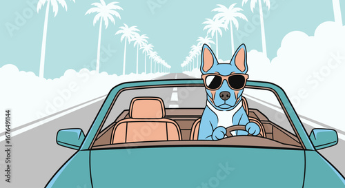 An illustrated blue dog wearing sunglasses drives a convertible car down a road lined with palm trees.