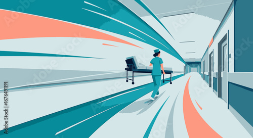 Stylized illustration of a nurse rushing an empty gurney down a hospital corridor, conveying a sense of urgency and speed.