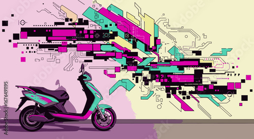 A modern electric scooter parked against a wall with a vibrant, abstract, and futuristic graffiti mural featuring geometric and circuit-like patterns.