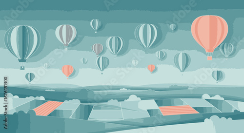 A stylized illustration of numerous hot air balloons drifting over a geometric patchwork landscape in muted colors.