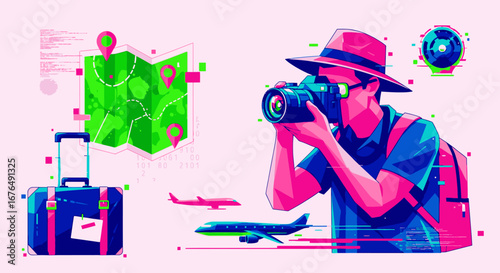 Stylized illustration of a male tourist with a camera, backpack, and luggage, planning a trip with a map and airplanes.