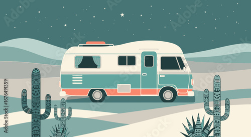 A vintage camper van travels through a serene desert landscape at night under a starry sky, depicted in a flat illustration style.