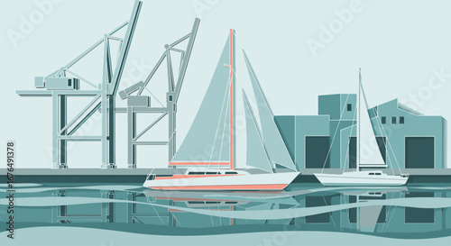 Two sailboats moored in a calm harbor with industrial cranes and warehouses in the background, depicted in a minimalist illustration style.