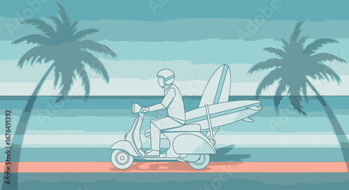 A stylized illustration of a person riding a scooter with a surfboard along a tropical beachside road.