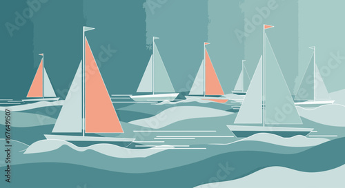 A stylized illustration of a fleet of sailboats with colorful sails navigating a choppy, teal-colored sea.