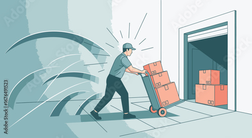 Illustration of a delivery worker quickly pushing a hand truck loaded with cardboard boxes into a warehouse or storage unit.