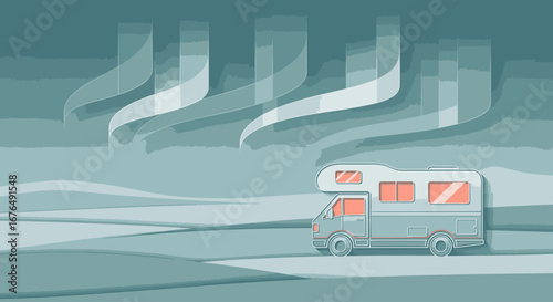 A camper van travels through a serene, snowy landscape under the beautiful glow of the aurora borealis.