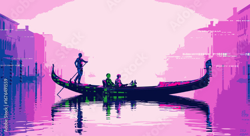 A vibrant digital illustration of a gondola ride in Venice, featuring silhouetted figures against a dreamy pink and purple cityscape.