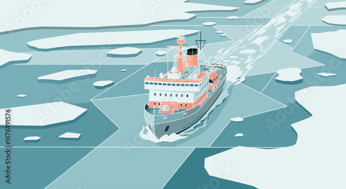 A stylized illustration of a powerful icebreaker ship forging a path through a frozen arctic ocean.