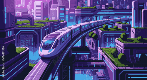 A futuristic high-speed train travels through a vibrant, purple-hued cityscape with green rooftops, depicted in a detailed pixel art style.