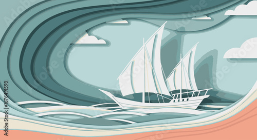 A papercraft illustration of a traditional dhow sailboat navigating a large, stylized ocean wave under a cloudy sky.