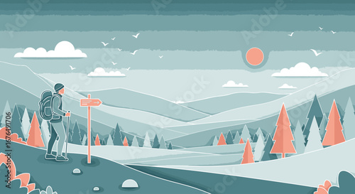 Two hikers with backpacks explore a scenic mountain trail in a stylized, layered landscape illustration.