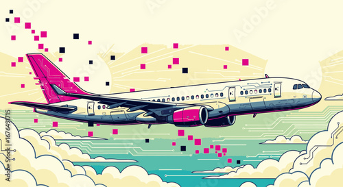 An airplane flies through the sky, leaving a trail of digital pixels in a retro, stylized illustration.