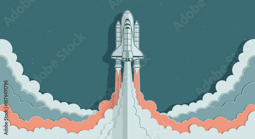 A stylized illustration of a space shuttle launching into a starry sky, leaving a trail of smoke and fire through layered clouds.