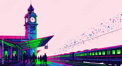 Vibrant, surreal illustration of a train departing from a station with a clock tower and waiting passengers.
