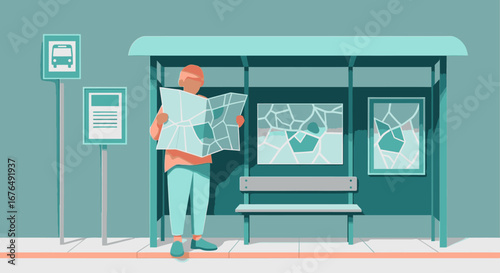 A lost person holding a large map stands at a bus stop with shattered glass, symbolizing confusion and urban decay.