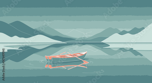 A solitary orange rowboat adrift on a calm, reflective lake with minimalist mountains in the background.