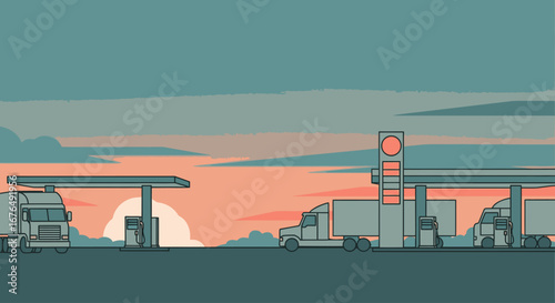 Stylized illustration of a truck stop with semi-trucks refueling at a gas station during a scenic sunrise or sunset.