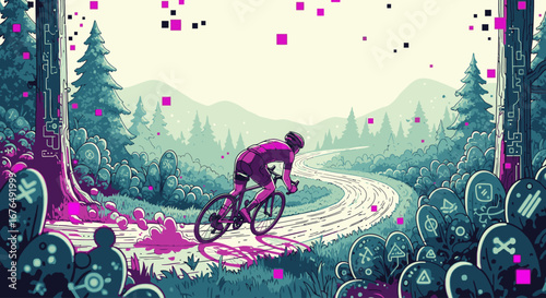 Vibrant illustration of a cyclist racing through a surreal, digital forest with pixelated magenta accents.