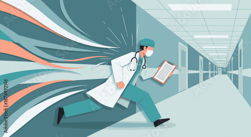 A vector illustration of a doctor in a face mask and scrubs running urgently down a hospital corridor.