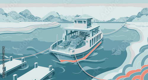 A stylized illustration of a car ferry boat docked at a pier, set against a backdrop of serene mountains and water.
